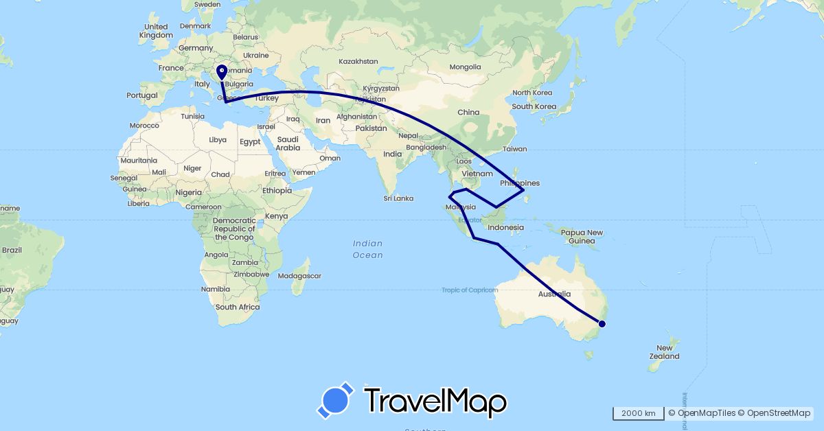 TravelMap itinerary: driving in Australia, Brunei, Greece, Indonesia, Cambodia, Montenegro, Malaysia, Philippines, Thailand (Asia, Europe, Oceania)